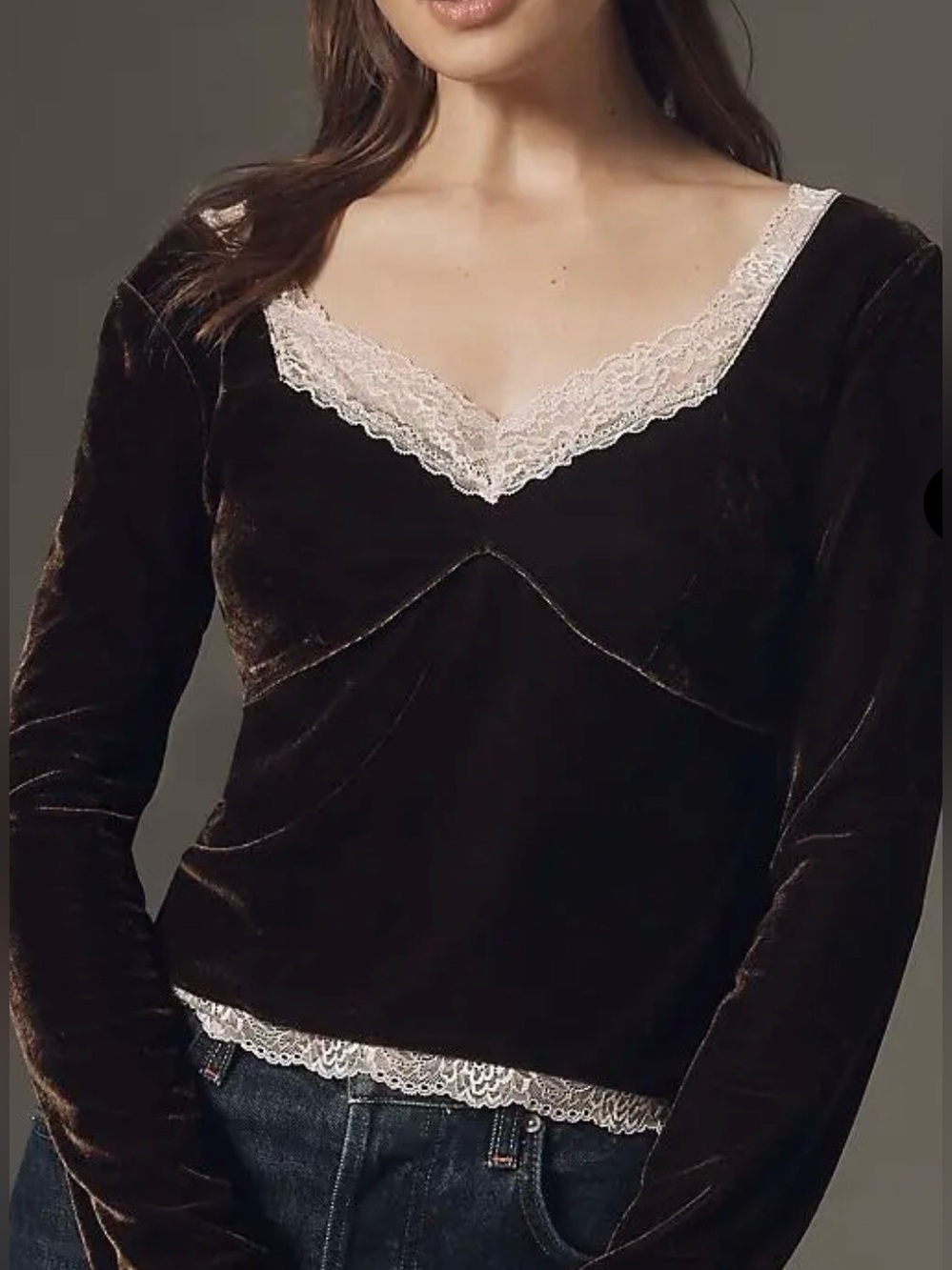 By Anthropologie Velvet Lace V-Neck Long Sleeve Top Chocolate Brown Pink Sz M